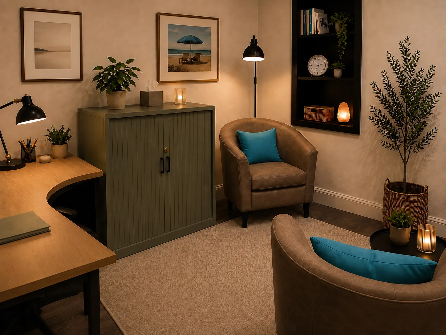 A calm, lamp-lit therapy room with two armchairs, soft cushions and plants